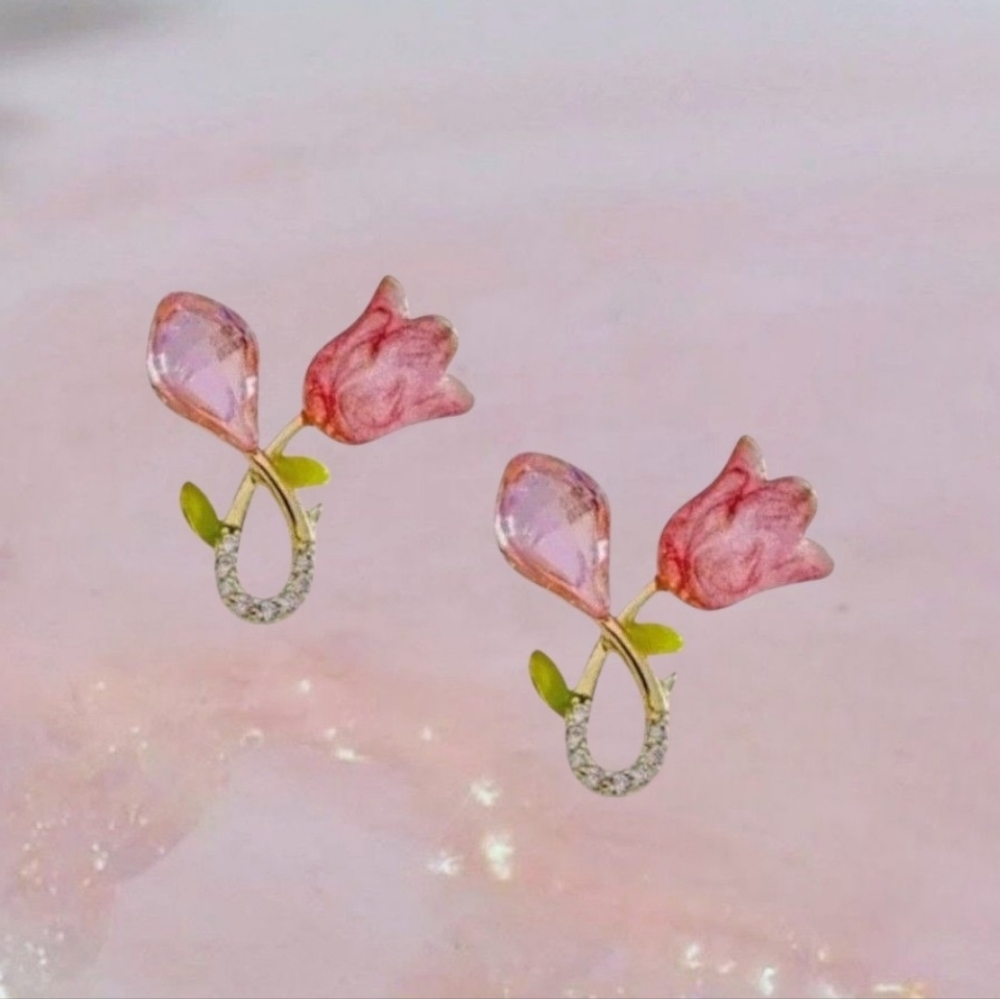 Small Pink Tulip Earrings